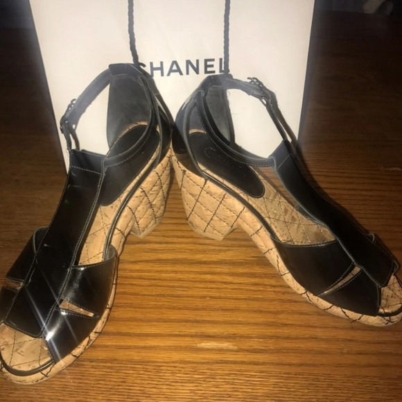 Authentic CHANEL Quilted Cork Mary Jane Wedges - Picture 2 of 8